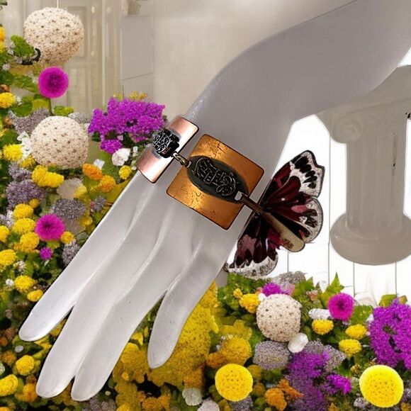 Vintage Copper Bracelet Music Notes Treble Clef Square Panel Links MCM Chunky - Picture 15 of 16